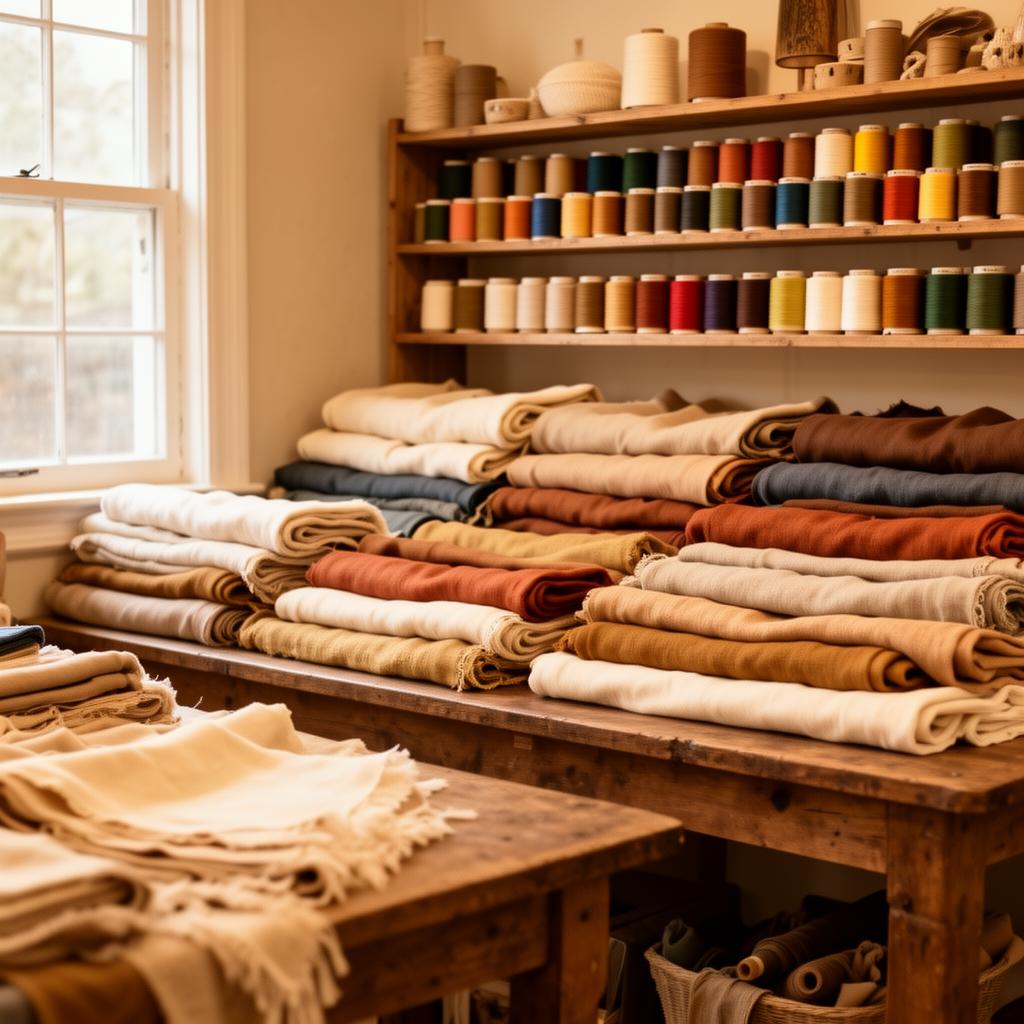 Warm fabric store interior with colorful fabrics
